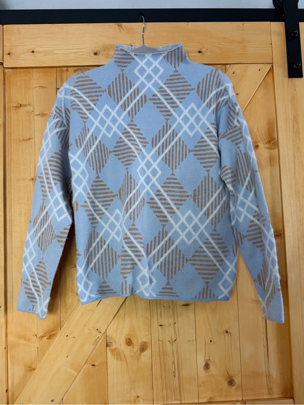 Rachel Zoe Blue & Tan Diamond Pattern Mock Neck Sweater Large